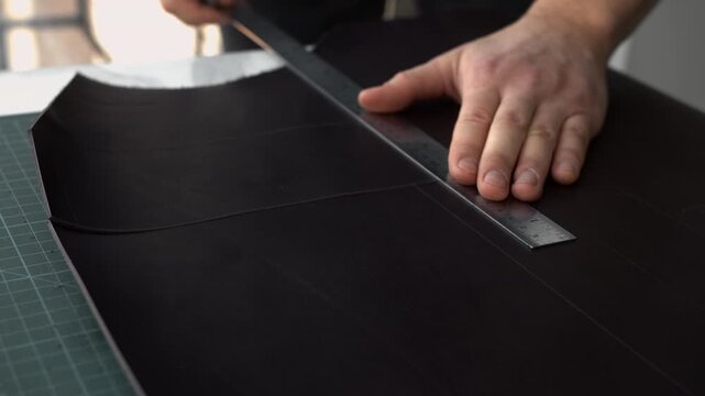 Artisan cutting black leather with a utility knife and ruler in a workshop for handcrafted goods creation and manufacturing