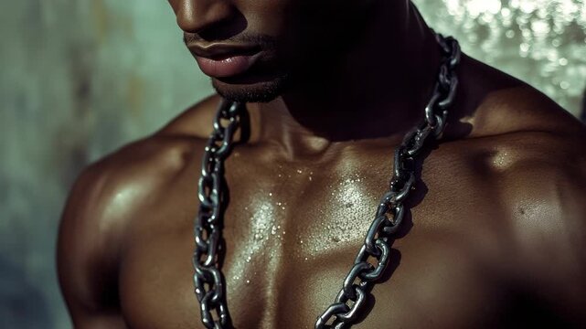 Man with a muscular physique wearing chains as jewelry, looking down.