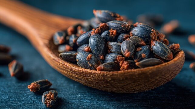 Close-up of a wooden spoon filled with roasted black cumin seeds on a dark textured surface with some seeds spilled around