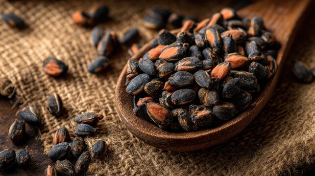 Close-up of black cumin seeds in a wooden spoon on burlap cloth with scattered seeds in the background