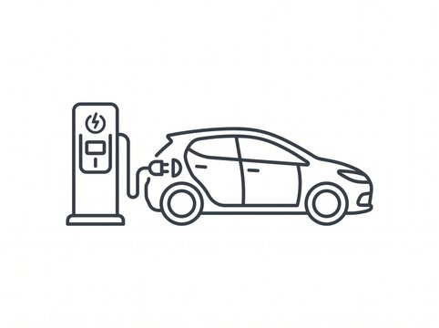 Electric vehicle charging station line icon with car connected to power supply for sustainable transportation concept