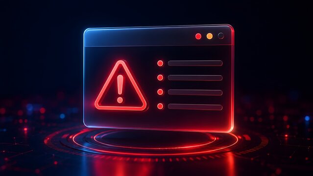 Glowing red neon triangle warning alert window on digital interface. Concept of cyber security threat detection and system error notification.