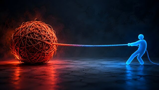 Glowing blue human figure pulling heavy tangled red wire ball. Concept of complex problem solving and difficult business challenge resolution.
