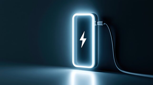 A glowing electric battery icon with a lightning bolt symbol is charging in a dark, futuristic environment