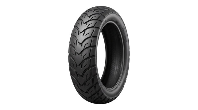 Motorcycle tire with deep tread pattern, black rubber motorbike wheel, durable dual sport tire for adventure touring isolated PNG with Transparent Background