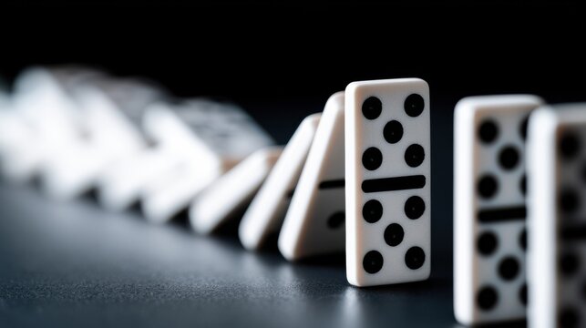A row of dominoes falling down with one standing tall in the foreground. The image conveys a sense of cause and effect, chain reaction, and a moment of suspense