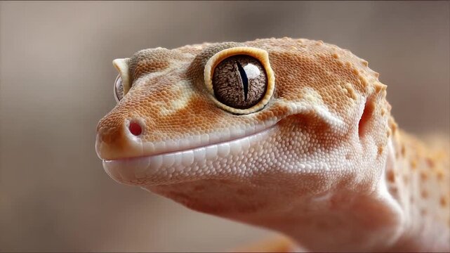 A close-up portrait of a gecko's head, showing detail of scales and eye