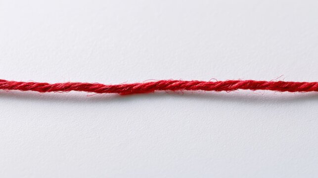 A close-up shot of a red thread lying horizontally on a white background. The thread is made of twisted fibers and appears to be made of wool or cotton
