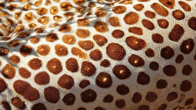 Close-up view of a reptile's skin with brown circular scales on a white textured background