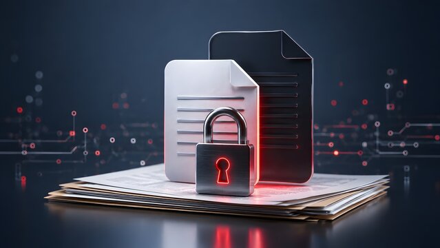 Glowing red padlock and document icons on stacked papers with digital cyber network background. Concept of confidential data encryption and enterprise cyber security.