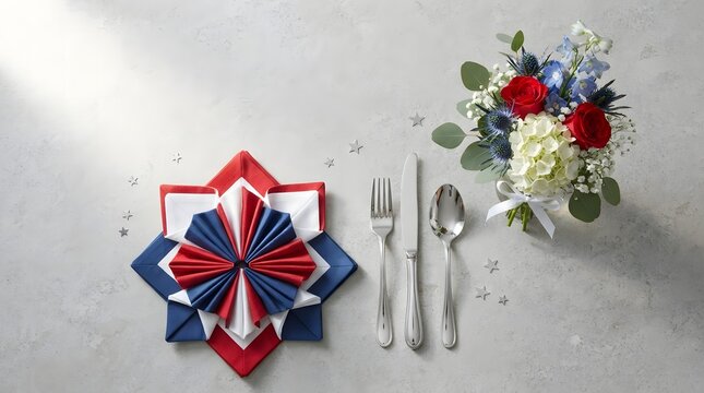 Colorful folded napkin with silverware and flowers