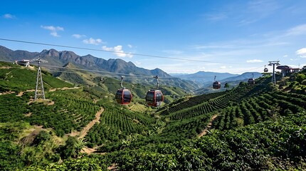 Naklejka premium Red cable cars traveling over lush green mountain terraces