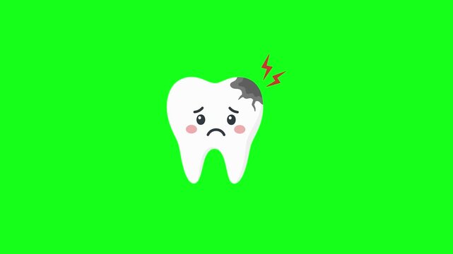 Toothache animated sad tooth character crying with cavity and red lightning pain 4k chroma key green screen background