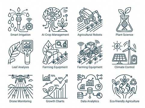 Smart Agriculture and Precision Farming Icon Set Featuring Automated Irrigation, Drone Monitoring, and Data Analytics Illustrations