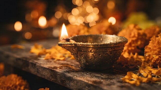 Traditional ornate metal diya lamp with water droplets on a wooden surface decorated with marigold flowers