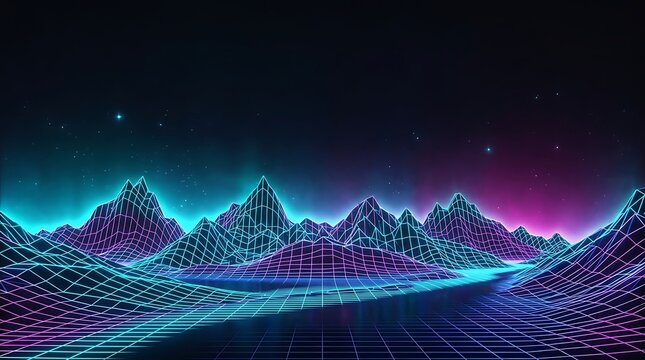 Futuristic neon grid landscape with glowing mountains under starry sky.