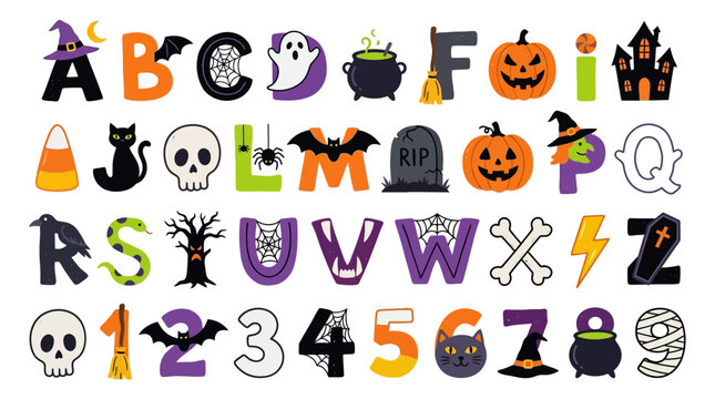 Halloween Alphabet and Number Set, Spooky Scrabble Tile Style Letters, Cute Ghost and Pumpkin Vector Font Elements, Festive October Graphics