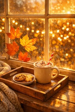 Cozy autumn window scene with hot chocolate and cookies on a wooden tray by rainy glass with warm bokeh lights for fall background and hygge design