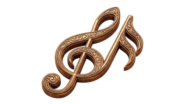 Vintage wooden treble clef with ornate carvings, decorative musical note sculpture, elegant brown timber music symbol isolated PNG with Transparent Background