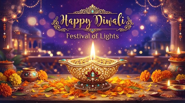 Happy diwali festival of lights celebration with a decorative golden diya lamp and marigold flowers