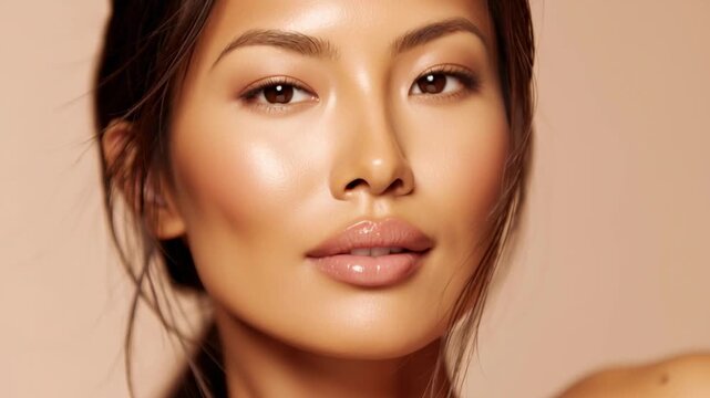 Slow motion tracking shot of woman having makeup applied with brush in studio close up portrait