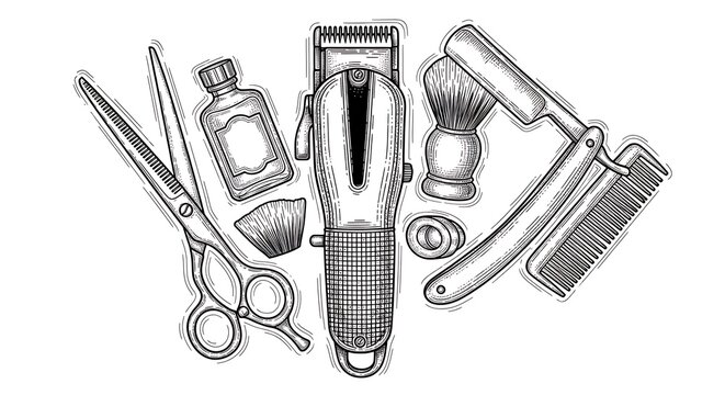 Vintage barber tools set including scissors, razor, brush, and comb