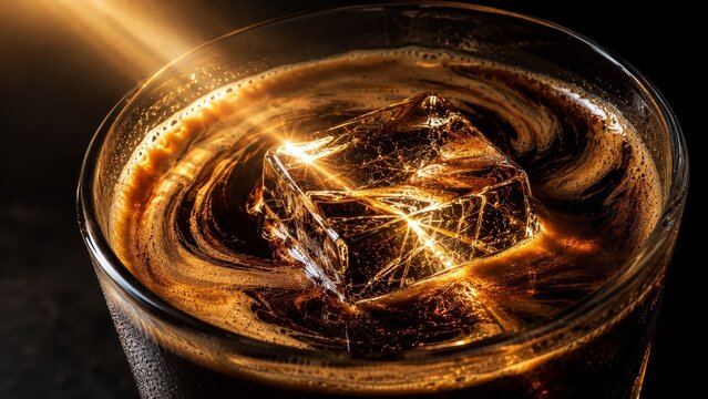 Cold Brew Coffee Splash Impacting a Crystal Clear Ice Cube