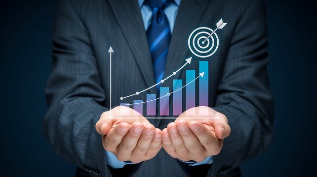 A business professional holding a virtual growth chart and target graphic with his hands extended forward