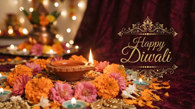 Happy diwali greeting card with a traditional lit diya oil lamp surrounded by vibrant marigold flowers and festive bokeh lights on a dark background