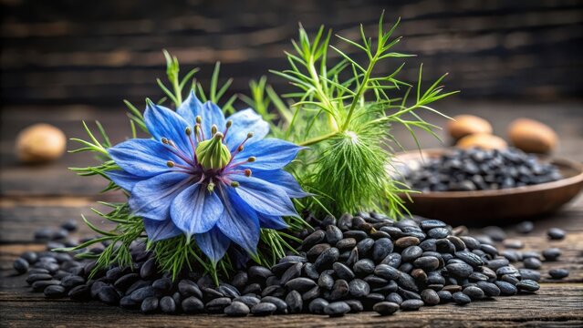 A delicate intricately arranged photograph of black cumin seeds alongside a majestic nigella sativa flower