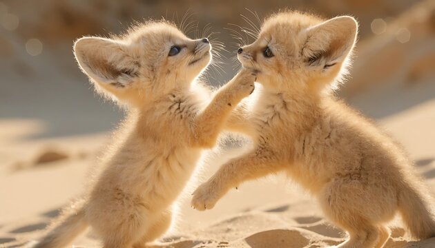 Two adorable fennec fox kits playing together in the desert sand at sunset