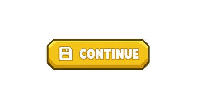 Continue button animated yellow UI button with save floppy disk icon clicking 4k isolated white background