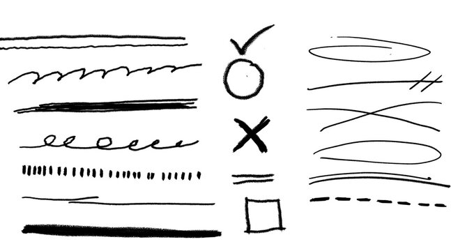 Hand drawn line strokes set, scribbles, underline dividers, symbols isolated on transparent background