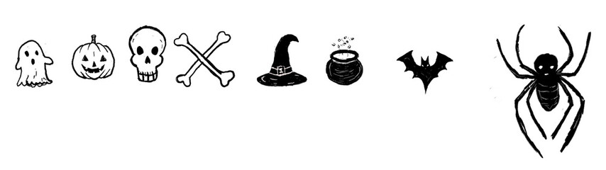 Set of handdrawn halloween icons including ghost, pumpkin, skull, bones, witch hat, cauldron, bat and spider isolated on transparent background © Blue bird