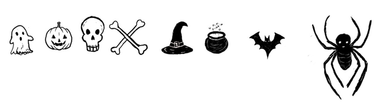 Set of handdrawn halloween icons including ghost, pumpkin, skull, bones, witch hat, cauldron, bat and spider isolated on transparent background