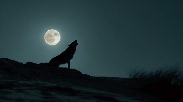 Black wolf howling at the full moon from a mist-covered hill, deep blue night sky, cinematic photography 