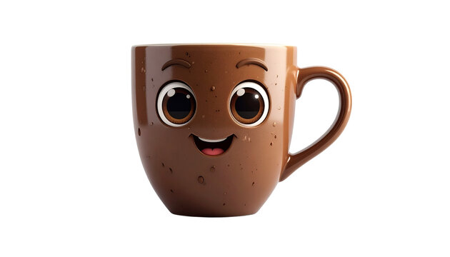 an animated coffee cup with smiling face, isolated on transparent, PNG.