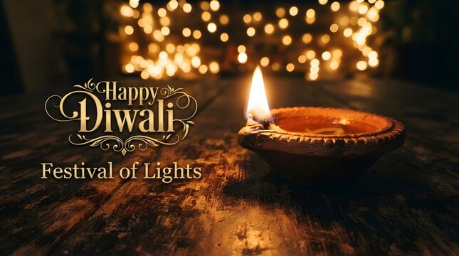 Happy diwali festival of lights background with a single lit diya lamp on a dark wooden surface and soft golden bokeh lights