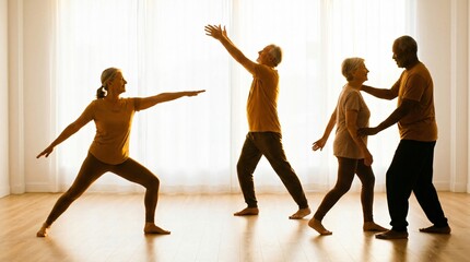 Fototapeta premium Active seniors practicing yoga and movement exercises in a sunlit room, celebrating healthy aging and wellness for Grandparents Day.
