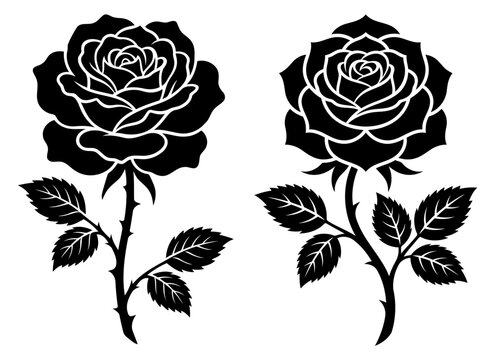 Two elegant black rose silhouettes with stems and leaves isolated on a white background for design projects