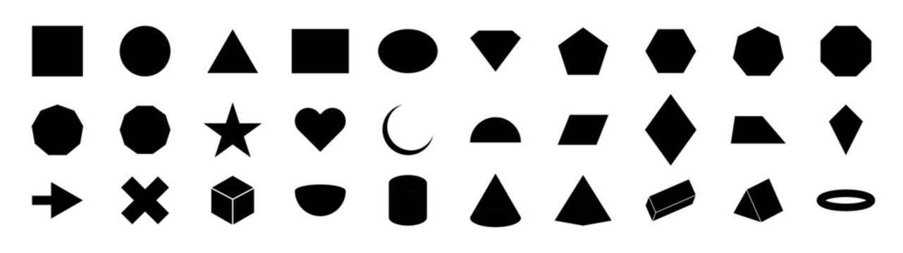Geometric basic shapes collection. Trendy minimalist basic figure, diamond, circles, hexagon, star, triangle flat style.