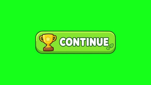 Continue button animated green UI button with trophy icon bouncing and clicking 4k chroma key green screen background