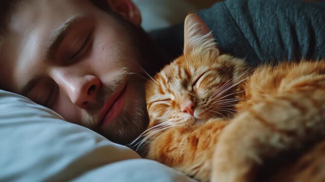 A man with beard and hair laying on his back in bed with eyes closed. An orange tabby cat next to him with its head resting on a pillow and eyes closed.