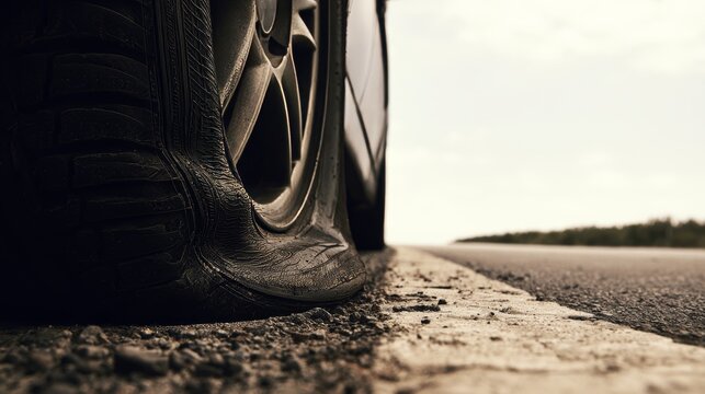 Deflated car tire on road showing vehicle breakdown, damaged wheel and low pressure, highlighting roadside emergency, tire repair, maintenance, transportation safety and assistance concepts