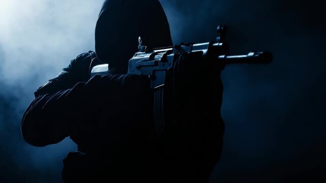 A person holding a gun, focused on their target in a dimly lit environment with blue hues.