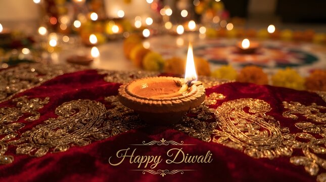 Happy diwali greeting card featuring a glowing clay diya lamp placed on a luxurious red velvet fabric with intricate gold embroidery