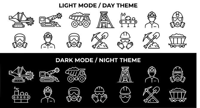 Coal mining equipment and miner safety linear icon set for industrial extraction vector design