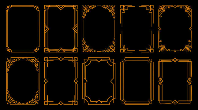 Decorative gold art deco vintage border frames set for luxury wedding invitations and elegant print designs