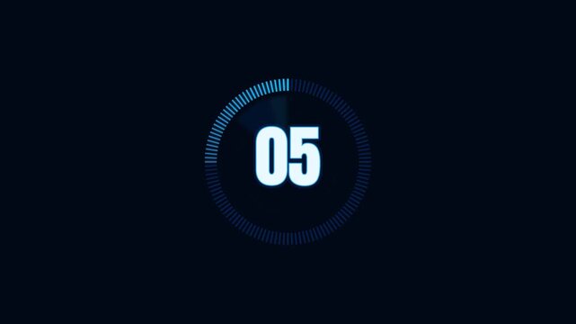Blue radial countdown timer animates from 10 to 0. Digital numbers glow against a dark radial background pattern. This 4K clip suits technology, business, and countdown event videos.