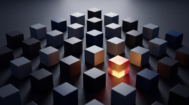 Unique Value Proposition and Talent Acquisition Concept Featuring Glowing Gold Cube Standing Out from Crowd